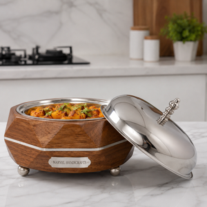 Premium Wooden Stainless Steel Insulated Casserole | Handcrafted Hot <b>Pot</b> Food Warmer Serving Bowl with Lid for Kitchen Dining - Product Image 3