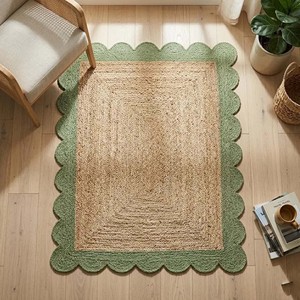Tapis rectangulaire en jute vert à bordure festonnée, fait main, tissé naturellement, style bohème, pour salon, chambre à coucher, tapis de sol - Product Image 4