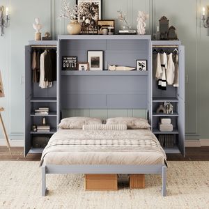 Multifunctional Full-Size Wooden Murphy <b>Bed</b> <b>with</b> 2 Wardrobe <b>Storage</b> Shelf Foldable <b>Platform</b> Bedframe by Gu - Product Image 2