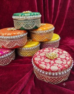 Stainless Steel Ladoo <b>Box</b> with Silk Brocade, Indian <b>Wedding</b> Return Gift, Mithai Container, Pooja Favor, Embroidered <b>box</b> - Product Image 1