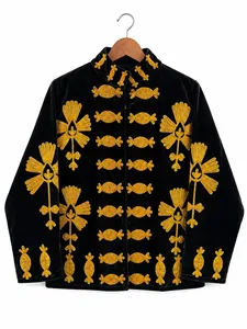 Chaqueta Étnica de Terciopelo Negro con Bordado Floral Suzani, Manga Larga, Cuello Alto, Estilo Bohemio Hecho a Mano, Ropa de Abrigo para Otoño - Product Image 1