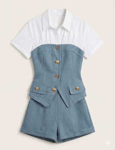 Conjunto de mono entallado con bloques de color y cuello camisero para mujer - Product Image 4