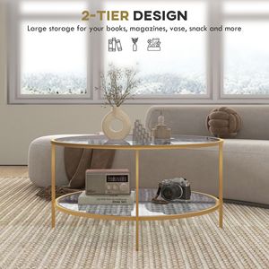 Modern 2-Tier <b>Round</b> <b>Side</b> <b>Table</b> with Tempered Glass Top and Steel Frame As Sofa End <b>Table</b> or Living Room Accent Furniture - Product Image 4