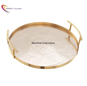 Round Hammered <b>Gold</b> Plated <b>Serving</b> <b>Tray</b> With Handles Home Table Decor Luxury Breakfast Platter Wholesale Low Price Gift <b>Trays</b> - Product Image 1