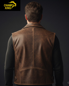 CHAMP KING Gilet de motard en cuir véritable pour homme, col rabattu, fermeture éclair, style moto, vêtement d'extérieur automne-hiver - Product Image 4