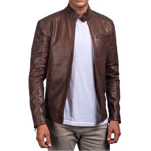 Chaqueta de Cuero Marrón, Piel de Vacuno Auténtica, Cierre de Cremallera, Cuello con Banda, Botones a Presión, Puños con Cremallera, Estilo Clásico Premium - Product Image 1
