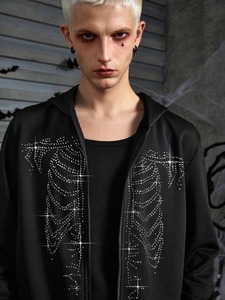 Gothic Bomber <b>Jacket</b> with Sequin Skeleton Print Long Zipper Closure Unisex Winter Streetwear Style Fleece Anti-Pilling - Product Image 6