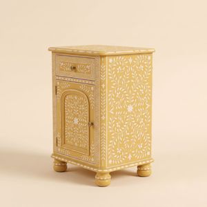Mesita de Noche Moderna Hecha a Mano con Incrustaciones de Hueso Amarillo Ecológico, Diseño Floral en Cajón y Gabinete - Product Image 4