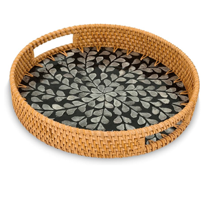 Plateau artisanal de haute qualité en nacre et rotin, design rond étonnant, pour la décoration de table d'hôtel. - Product Image 1