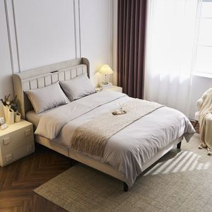 Full-Size Velvet Upholstered Platform Bed with Charging Station Storage Shelf Vertical Channel Tufted Wingback Bed Frame - Product Image 4