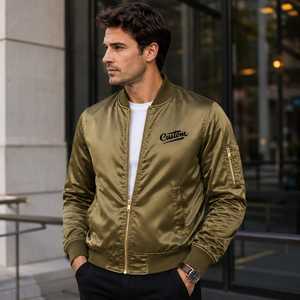 Blouson Bomber Homme Personnalisé en Satin Olive avec Logo Brodé sur le Devant, Style Décontracté Hiver Streetwear en Polyester à Col Rabattu - Product Image 1