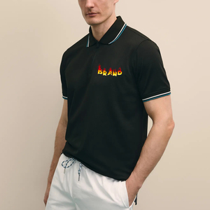 Men's Black Short Sleeve Polo <b>Shirt</b> With <b>Flame</b> Logo Heat Transfer Printed Casual Knitted Breathable Regular Fit - Product Image 1