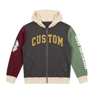 Sudadera con capucha y cremallera de color personalizado, forro polar color carbón, estampado de letras con efecto salpicado de pintura, mangas con gráfico en contraste, sudaderas streetwear para hombre, OEM - Product Image 2