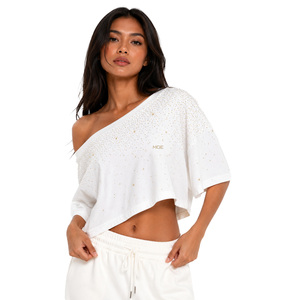 Loose Starry Rhinestones Off Shoulder Crop <b>Top</b> Loose Fit Summer Tees Custom Logo Women's Shirts Asymmetric Sleeve Fashion <b>Top</b> - Product Image 6