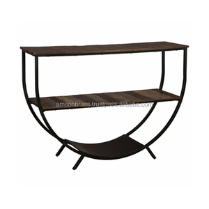 Table console de rangement en laiton antique au design moderne avec dessus en métal et en bois pour le salon et le couloir - Product Image 4