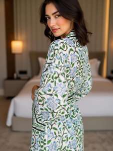 Robe kimono en coton floral vert et bleu faite à la main pour femme avec ceinture rayée, peignoir de luxe, tenue de spa, tenue de plage - Product Image 2