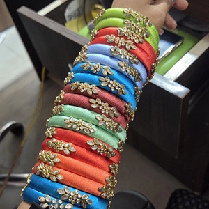 Silk Thread <b>Bangle</b> Set Kundan Style stonework Perfect For Weddings Festivals Or Bridal Wear Handcrafted <b>Bangles</b> - Product Image 1