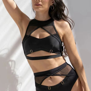 Ensemble de mode pour la pole dance féminine : Haut à col montant et bas taille haute en tissu extensible léger pour l'entraînement estival – Hauts de pole dance pour femmes - Product Image 1