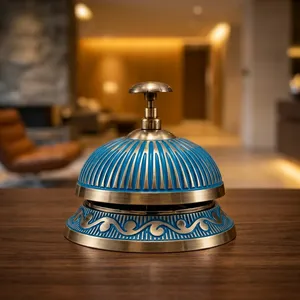 Campana de Servicio de Latón Azul Turquesa y Plateado, Campana de Recepción de Metal Ornamentada con Diseño Decorativo Grabado - Product Image 6