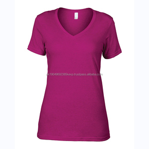 Vente en gros de t-shirts pour femmes à col en V profond uni sans marque t-shirts pour dames de haute qualité 100% coton pour l'impression chez les femmes - Product Image 4