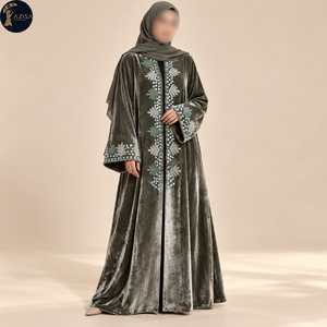 Tissu en velours olive anthracite avec motifs de feuilles de sauge et d'ivoire |   Tissu à paillettes bleu argenté pour projets de couture d'abayas raffinées - Product Image 1