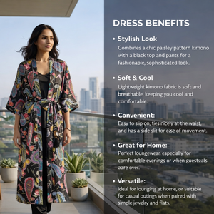 Bata Kimono Negra con Estampado Floral Paisley, Cuello en V, Manga Larga, Hecha a Mano, de Algodón, para Descansar, con Cinturón Ajustable, Estilo Boho Resort - Product Image 4