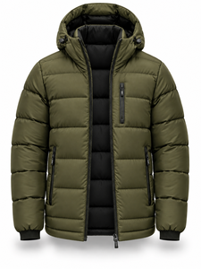 Veste matelassée à capuche pour homme, vert olive, imperméable, coupe-vent, fermeture éclair sur le devant, logo, rembourrage en polyester, longueur normale, hiver - Product Image 2