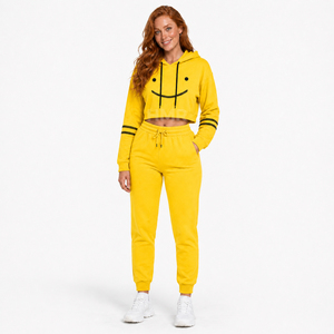 HMR Sorority Sisterhood Yellow Cropped Hoodie Jogger <b>Set</b> Smiley Face Printed Two Piece Tracksuit Custom Casual Sportswear - Product Image 1