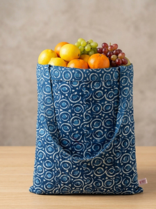 Bolsa de Mano de Algodón con Estampado Geométrico 2026 de Calidad Premium, Color Azul, Asa Doble, Parte Superior Abierta, Reutilizable, Artesanal, Venta al Por Mayor - Product Image 1