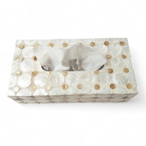 Boîte à mouchoirs artisanale en mosaïque de coquillages et de pièces d'or - Product Image 3