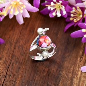 Belle bague en turquoise rose nacré, pierre précieuse, argent sterling 925, style bohème, faite à la main, bijoux fins pour femmes - Product Image 5