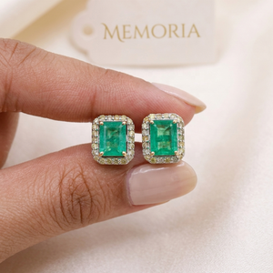 Natural <b>Emerald</b> Cut <b>Emerald</b> 14K Solid Gold Halo <b>Stud</b> Earrings | Diamond Accent Fine Jewelry Gift for Women - Product Image 6