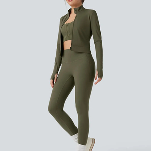 Women's Olive Green Turtleneck Zipper Long Sleeve Yoga <b>Jacket</b> Breathable Knitted Spandex Polyester Fitness Wear Autumn <b>Jacket</b> - Product Image 2