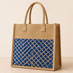 Striped Jute Luxury Casual Tote <b>Bag</b> with Cotton Lining Unisex for Daily <b>Travel</b> Office Shopping - Product Image 4