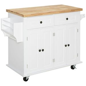 Carrito de Cocina Rodante con Tapa de Madera Blanca, Estante para Especias/Toallas y Cajones de Almacenamiento, Carrito Móvil para Comedor - Product Image 1