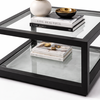 Table basse moderne en verre avec cadre en métal noir carré, double couche, facile à nettoyer, pour salon, meubles de maison