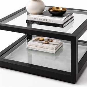 Table basse moderne en verre avec cadre en métal noir carré, double niveau, pour le salon - Product Image 2