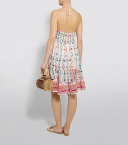 Luxurious Cotton Halter Mini Dress Women Bohemian Adjustable Neck Sexy Hot Tunic Sequin Bow Detail Colorful Print Flossy <b>Long</b> - Product Image 3