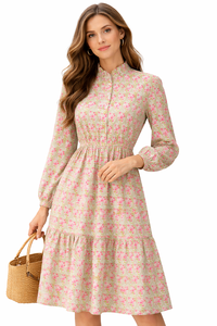 ชุดเดรสยาวพิมพ์ลายดอกไม้สำหรับผู้หญิง ดีไซน์หรูหรา คอระบาย แขนยาว แต่งระบายเป็นชั้นๆ ผ้าคัลลี่ แกดเดอร์ ให้ความสบายเป็นพิเศษ - Product Image 3