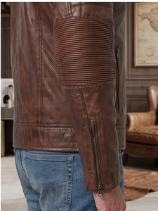 Veste de motard en cuir d'agneau véritable marron cognac pour homme, style café racer, matelassée - Product Image 2
