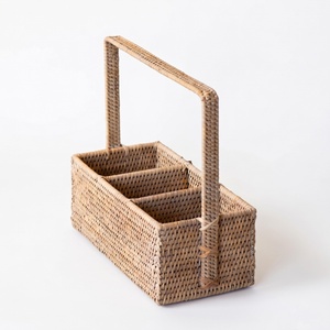 Hot selling decorative rattan cutlery <b>caddy</b> handwoven basket with compartment flatware holders - Product Image 1