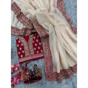 Designer Silk Party Wear <b>Saree</b> with Embroidery Work and Lace Border - Product Image 3