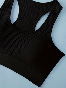 Women's Seamless Racerback Sports Bra | <b>Mesh</b> Back Ventilation Workout <b>Crop</b> <b>Top</b> | Nylon Spandex Padded Gym Bra Solid Black - Product Image 5