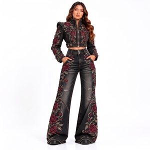 Conjunto de Dos Piezas de Mezclilla Negra para Mujer, Chaqueta Corta con Bordado de Rosa Roja, Jeans de Pierna Ancha, Moda Gótica Urbana - Product Image 1