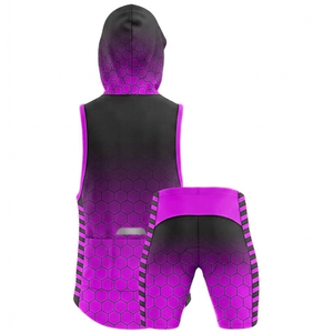 Unisex <b>Purple</b> Gradient Hooded Sleeveless <b>Vest</b> Set with Hexagon Pattern Moisture Wicking Quick Dry Sports Wear for Adults - Product Image 3