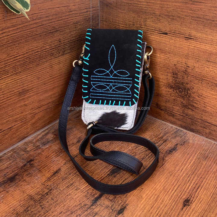 New Boot Stitch Black Suede Leather Phone Pouch Bag Western Credit Card