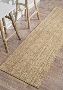 Tapis de couloir rectangulaire en jute tressée beige naturel antidérapant style classique à poils ras tissage plat - Product Image 4