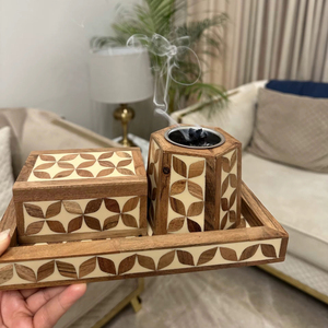Ensemble brûleur d'encens Bakhoor en bois fait main avec boîte et plateau à motifs incrustés, support d'aromathérapie - Product Image 3