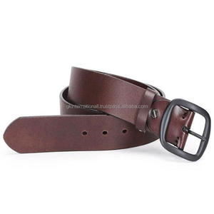 เข็มขัดลำลองหนังเรียบสำหรับผู้ชายหัวเข็มขัดทองเหลืองหนาหนังแท้สีน้ำตาลเข้ม - Product Image 6