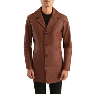 <b>Men</b>’s Cognac Brown Genuine <b>Leather</b> <b>Long</b> <b>Coat</b> Notch Lapel Four Button Premium Formal Casual Winter Outerwear - Product Image 1